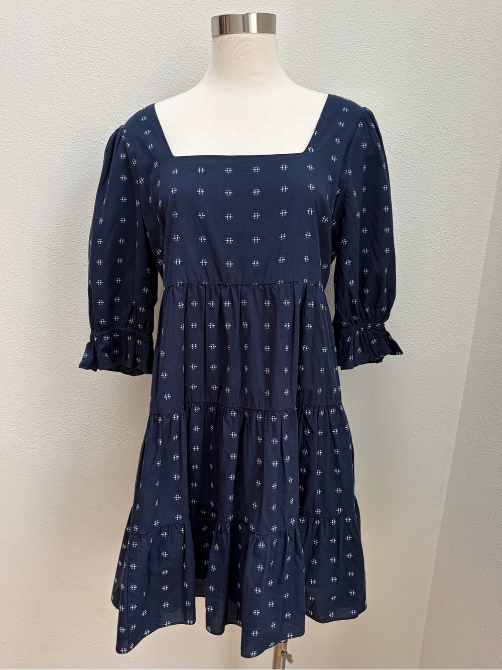 Madewell Tiered Babydoll Dress Square Neck Puff Sleeve Textured Mini Navy Size 8 - Picture 2 of 11